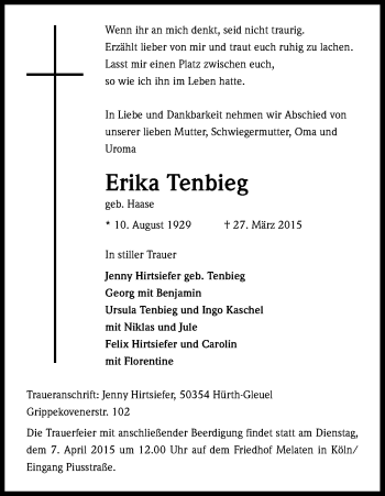 Anzeige von Erika Tenbieg von Kölner Stadt-Anzeiger / Kölnische Rundschau / Express