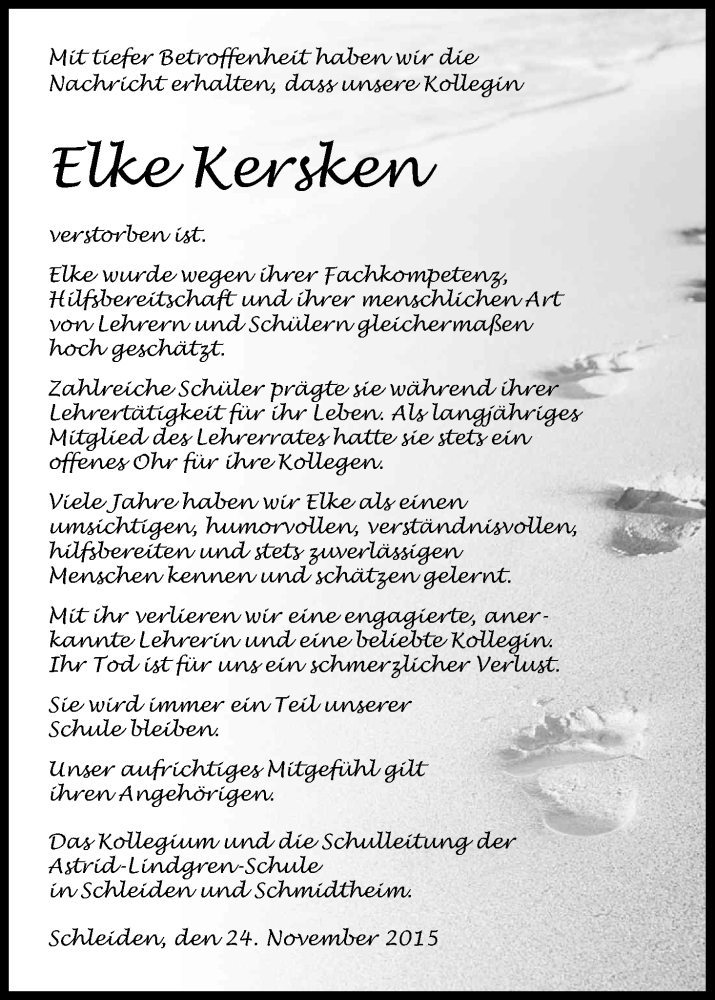  Traueranzeige für Elke Kersken vom 26.11.2015 aus Kölner Stadt-Anzeiger / Kölnische Rundschau / Express