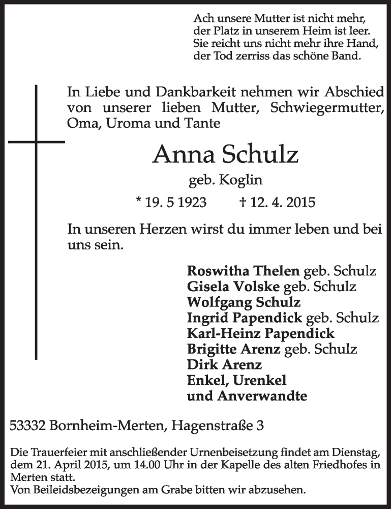  Traueranzeige für Anna Schulz vom 15.04.2015 aus  Schlossbote/Werbekurier 