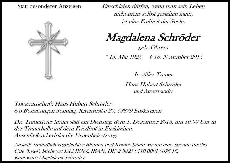  Traueranzeige für Magdalena Schröder vom 25.11.2015 aus Kölner Stadt-Anzeiger / Kölnische Rundschau / Express
