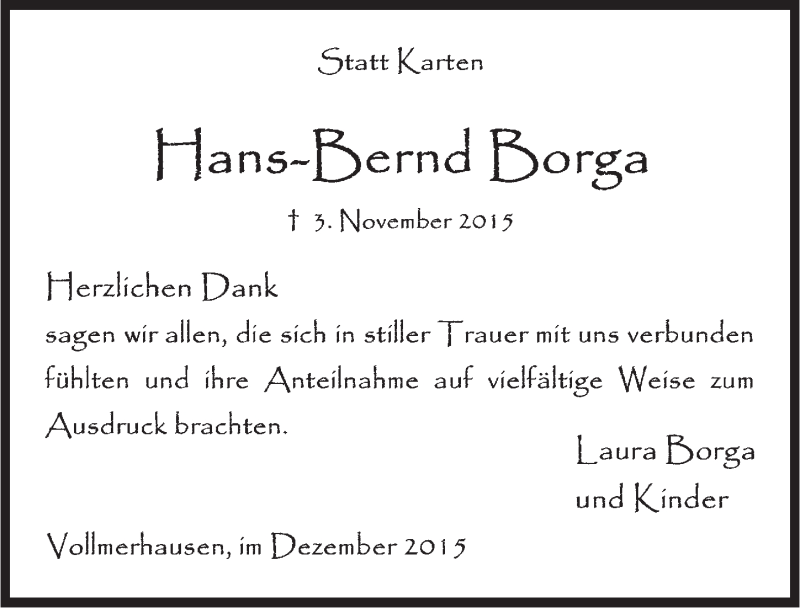  Traueranzeige für Hans-Bernd Borga vom 16.12.2015 aus  Anzeigen Echo 