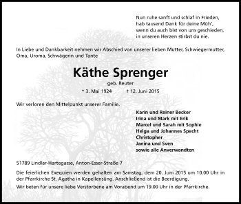 Anzeige von Käthe Sprenger von Kölner Stadt-Anzeiger / Kölnische Rundschau / Express