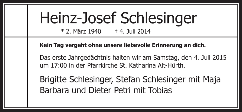  Traueranzeige für Heinz-Josef SChlesinger vom 01.07.2015 aus  Wochenende 