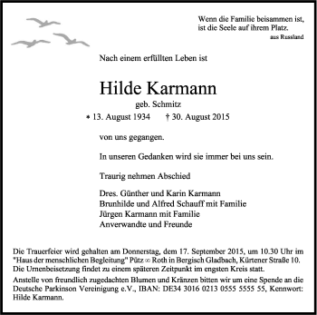 Anzeige von Hilde Karmann von Kölner Stadt-Anzeiger / Kölnische Rundschau / Express