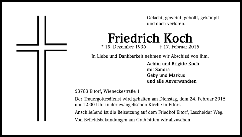  Traueranzeige für Friedrich Koch vom 21.02.2015 aus Kölner Stadt-Anzeiger / Kölnische Rundschau / Express