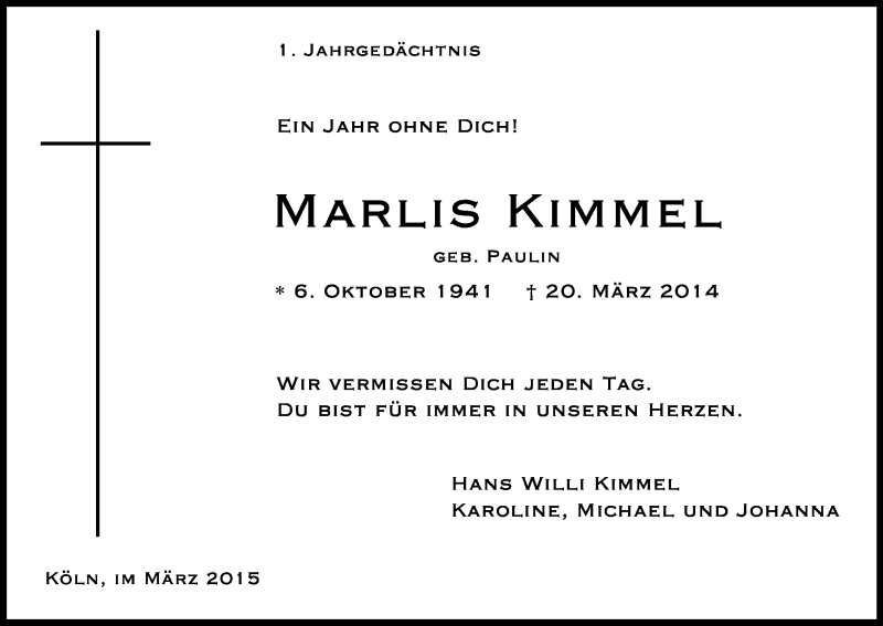  Traueranzeige für Marlis Kimmel vom 21.03.2015 aus Kölner Stadt-Anzeiger / Kölnische Rundschau / Express