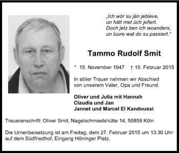 Anzeige von Tammo Rudolf Smit von Kölner Stadt-Anzeiger / Kölnische Rundschau / Express