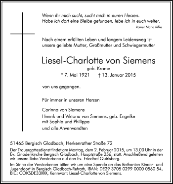 Anzeige von Liesel-Charlotte von Siemens von Kölner Stadt-Anzeiger / Kölnische Rundschau / Express