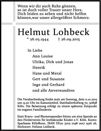 Anzeige von Helmut Lohbeck von Kölner Stadt-Anzeiger / Kölnische Rundschau / Express
