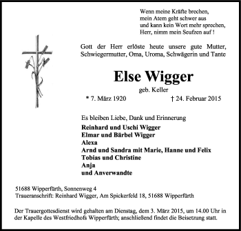 Anzeige von Else Wigger von Kölner Stadt-Anzeiger / Kölnische Rundschau / Express