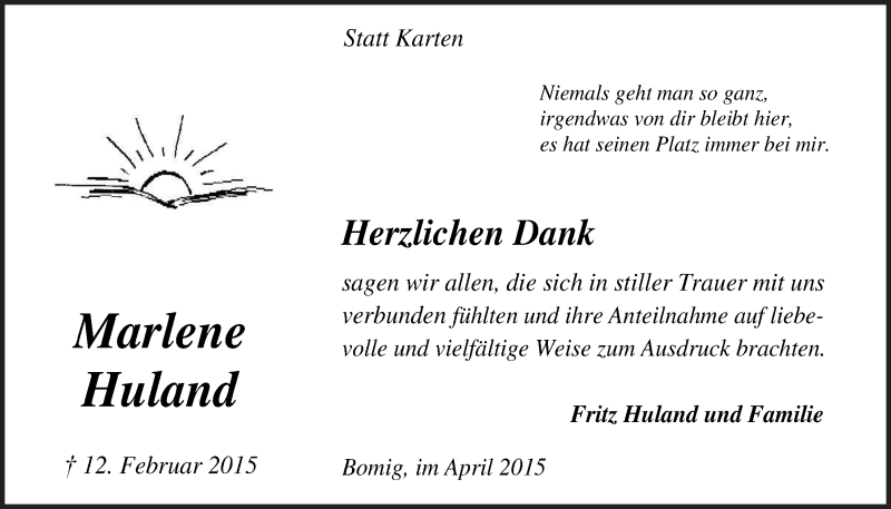  Traueranzeige für Marlene Huland vom 08.04.2015 aus  Anzeigen Echo 