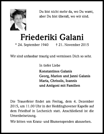 Anzeige von Friederiki Galani von Kölner Stadt-Anzeiger / Kölnische Rundschau / Express