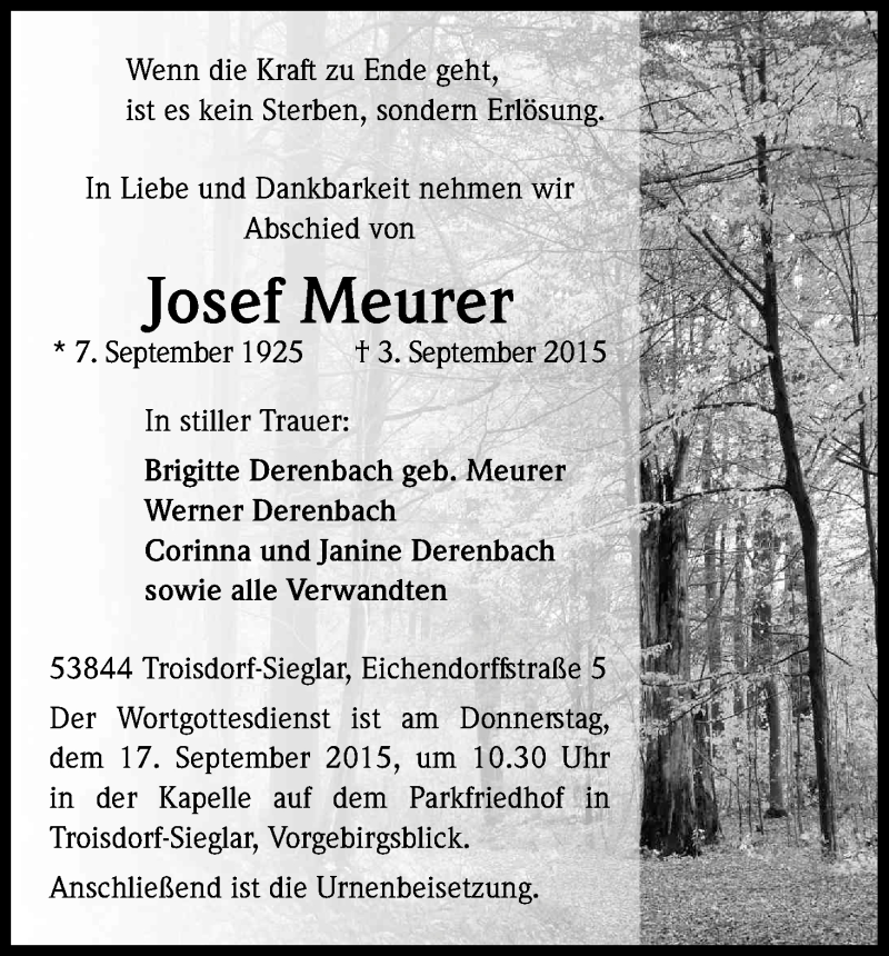  Traueranzeige für Josef Meurer vom 12.09.2015 aus Kölner Stadt-Anzeiger / Kölnische Rundschau / Express