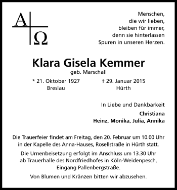 Anzeige von Klara Gisela Kemmer von Kölner Stadt-Anzeiger / Kölnische Rundschau / Express