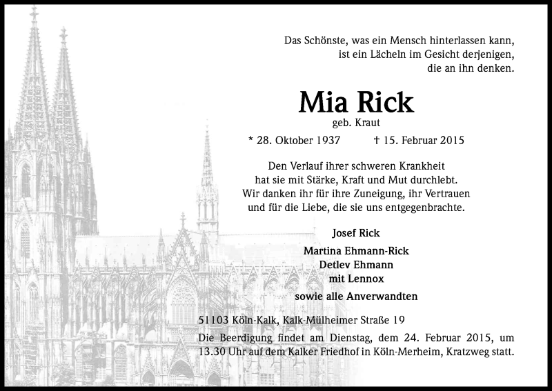  Traueranzeige für Mia Rick vom 20.02.2015 aus Kölner Stadt-Anzeiger / Kölnische Rundschau / Express