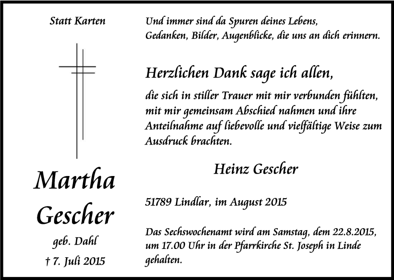  Traueranzeige für Martha Gescher vom 15.08.2015 aus Kölner Stadt-Anzeiger / Kölnische Rundschau / Express