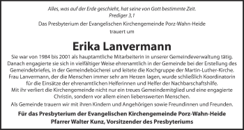 Anzeige von Erika Lanvermann von  Kölner Wochenspiegel 