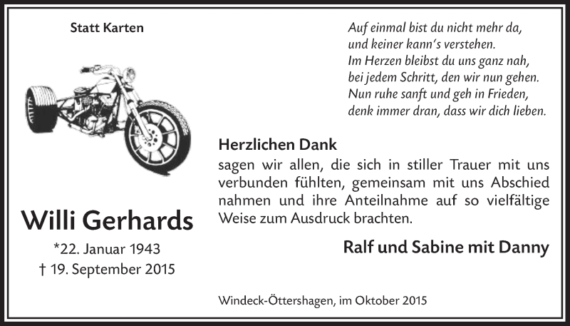  Traueranzeige für Willi Gerhards vom 21.10.2015 aus  Lokalanzeiger 