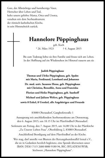 Anzeige von Hannelore Pöppinghaus von Kölner Stadt-Anzeiger / Kölnische Rundschau / Express