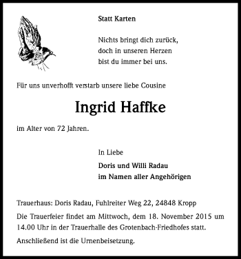 Anzeige von Ingrid Haffke von Kölner Stadt-Anzeiger / Kölnische Rundschau / Express