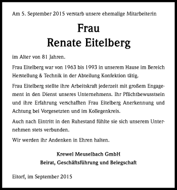 Anzeige von Renate Eitelberg von Kölner Stadt-Anzeiger / Kölnische Rundschau / Express