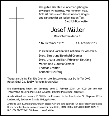 Anzeige von Josef Müller von Kölner Stadt-Anzeiger / Kölnische Rundschau / Express