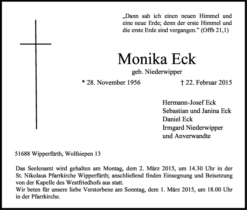  Traueranzeige für Monika Eck vom 24.02.2015 aus Kölner Stadt-Anzeiger / Kölnische Rundschau / Express