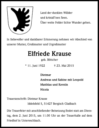 Anzeige von Elfriede Krause von Kölner Stadt-Anzeiger / Kölnische Rundschau / Express
