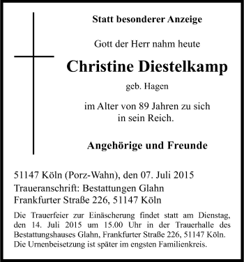 Anzeige von Christine Diestelkamp von Kölner Stadt-Anzeiger / Kölnische Rundschau / Express