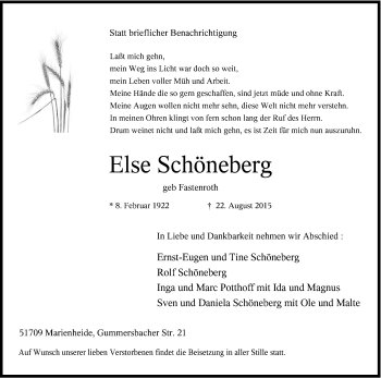 Anzeige von Else Schöneberg von Kölner Stadt-Anzeiger / Kölnische Rundschau / Express