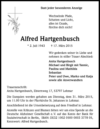 Anzeige von Alfred Hartgenbusch von Kölner Stadt-Anzeiger / Kölnische Rundschau / Express