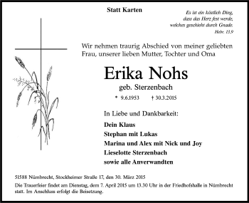 Anzeige von Erika Nohs von Kölner Stadt-Anzeiger / Kölnische Rundschau / Express