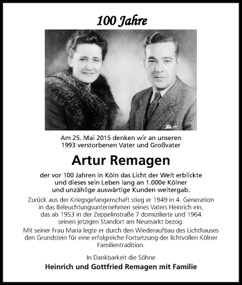 Anzeige von Artur Remagen von Kölner Stadt-Anzeiger / Kölnische Rundschau / Express