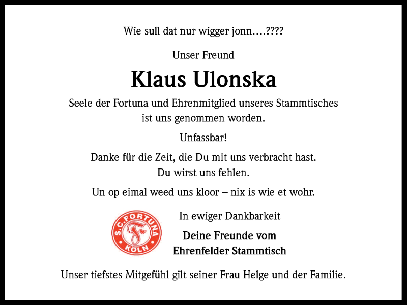  Traueranzeige für Klaus Ulonska vom 18.03.2015 aus Kölner Stadt-Anzeiger / Kölnische Rundschau / Express