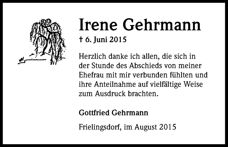  Traueranzeige für Irene Gehrmann vom 29.08.2015 aus Kölner Stadt-Anzeiger / Kölnische Rundschau / Express