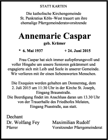 Anzeige von Annemarie Caspar von Kölner Stadt-Anzeiger / Kölnische Rundschau / Express