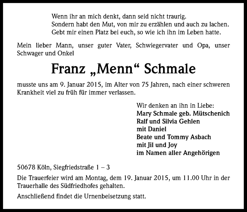  Traueranzeige für Franz Schmale vom 17.01.2015 aus Kölner Stadt-Anzeiger / Kölnische Rundschau / Express