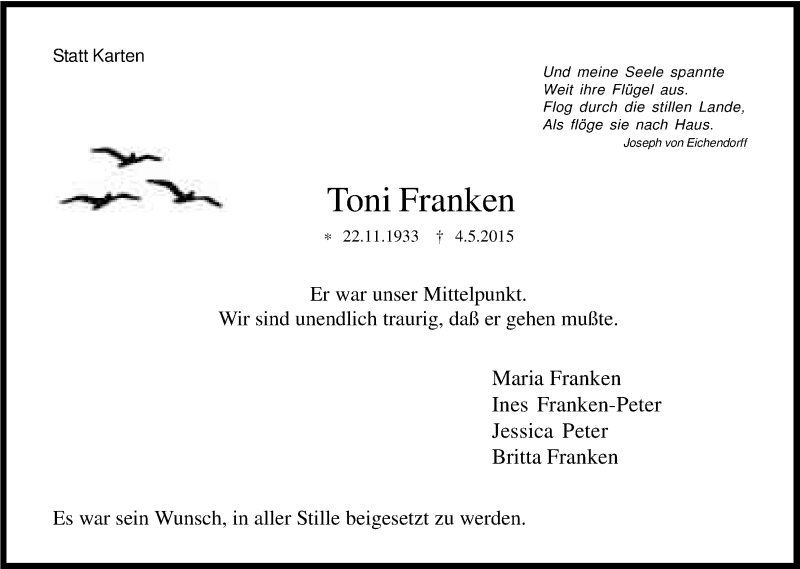  Traueranzeige für Toni Franken vom 20.05.2015 aus Kölner Stadt-Anzeiger / Kölnische Rundschau / Express