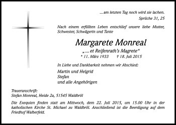 Anzeige von Margarete Monreal von Kölner Stadt-Anzeiger / Kölnische Rundschau / Express