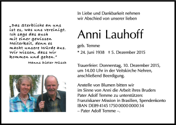 Anzeige von Anni Lauhoff von Kölner Stadt-Anzeiger / Kölnische Rundschau / Express