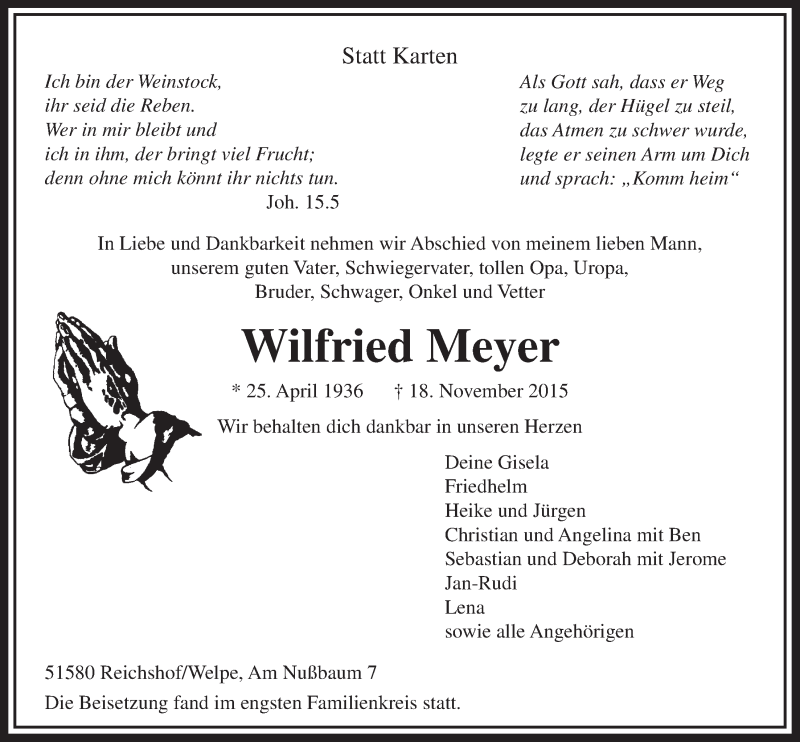  Traueranzeige für Wilfried Meyer vom 25.11.2015 aus  Lokalanzeiger 