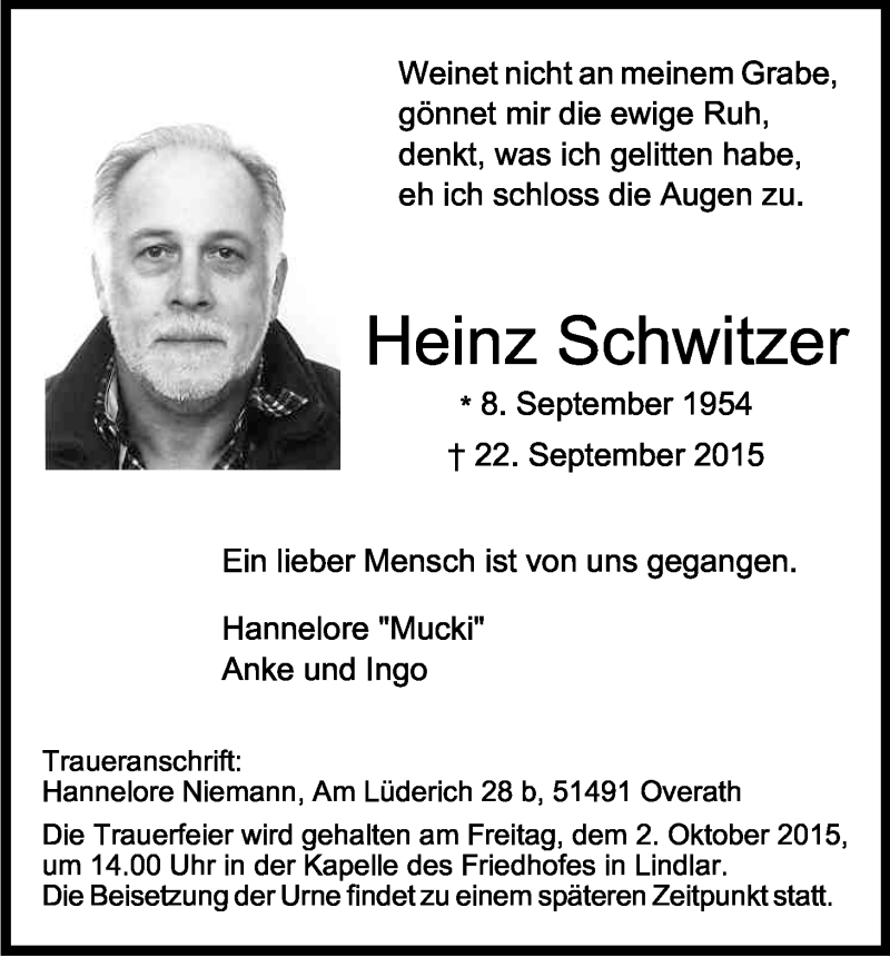  Traueranzeige für Heinrich Schwitzer vom 26.09.2015 aus Kölner Stadt-Anzeiger / Kölnische Rundschau / Express