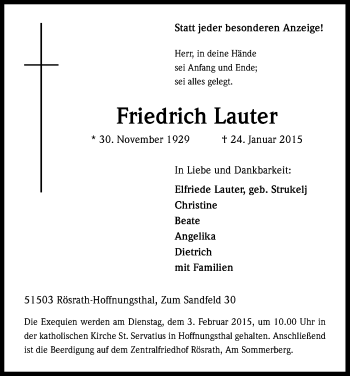 Anzeige von Friedrich Lauter von Kölner Stadt-Anzeiger / Kölnische Rundschau / Express