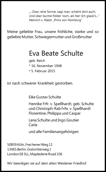 Anzeige von Eva Beate Schulte von Kölner Stadt-Anzeiger / Kölnische Rundschau / Express