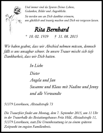 Anzeige von Rita Bernhard von Kölner Stadt-Anzeiger / Kölnische Rundschau / Express