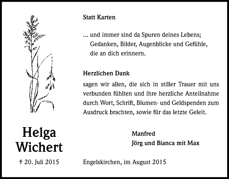  Traueranzeige für Helga Wichert vom 29.08.2015 aus Kölner Stadt-Anzeiger / Kölnische Rundschau / Express