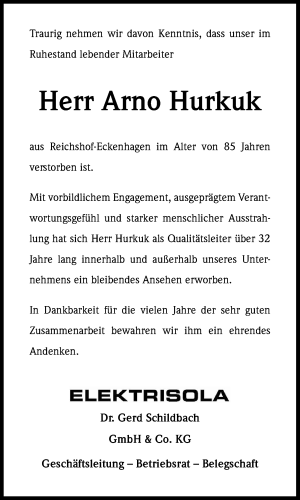  Traueranzeige für Arno Hurkuk vom 25.09.2015 aus Kölner Stadt-Anzeiger / Kölnische Rundschau / Express