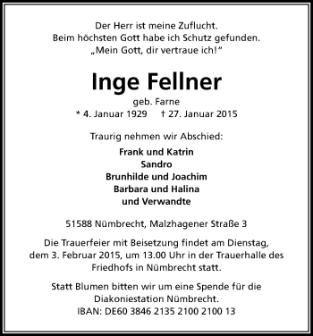 Anzeige von Inge Fellner von Kölner Stadt-Anzeiger / Kölnische Rundschau / Express