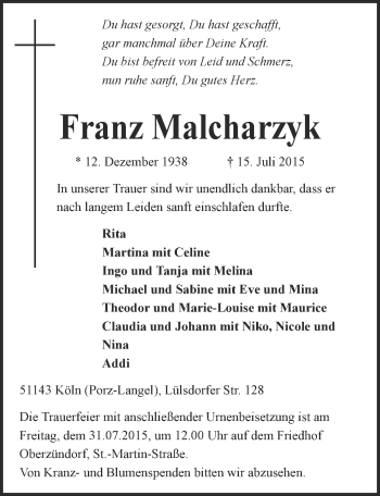 Anzeige von Franz Malcharzyk von  Kölner Wochenspiegel 