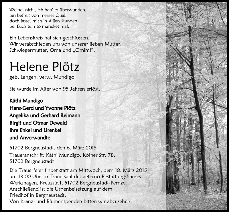 Traueranzeige für Helene Plötz vom 11.03.2015 aus  Anzeigen Echo 